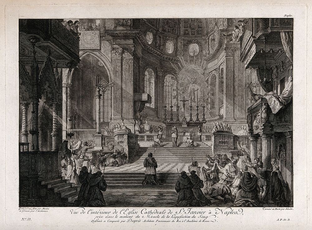 Saint Januarius: ceremony marking the liquefaction of his blood in Naples cathedral. Etching by G. Martini and L. Germain…