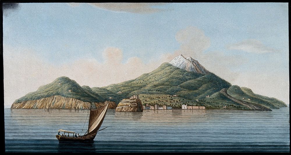The island of Ischia seen from the sea, showing volcanic features. Coloured etching by Pietro Fabris, 1776.