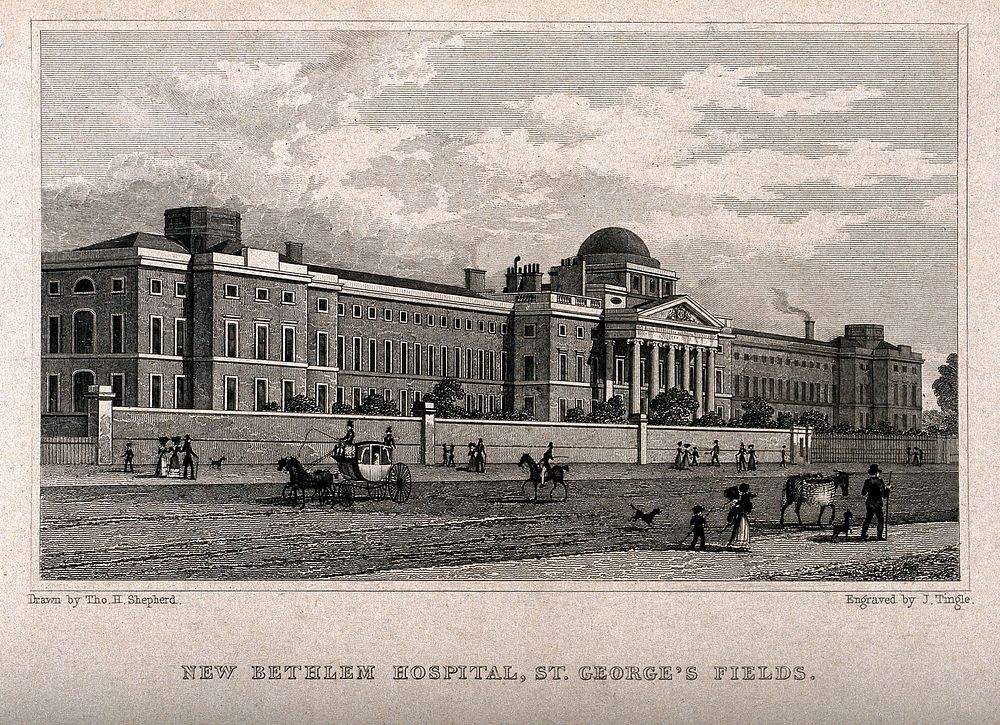 The Hospital of Bethlem [Bedlam], St. George's Fields, Lambeth. Engraving by J. Tingle after T. H. Shepherd.