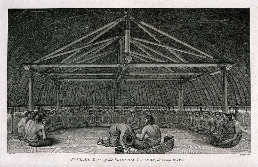 A gathering at the ceremonial drinking of kava and obeisance to the king in Tongatapu, Tonga. Engraving by W. Sharp, 1784…