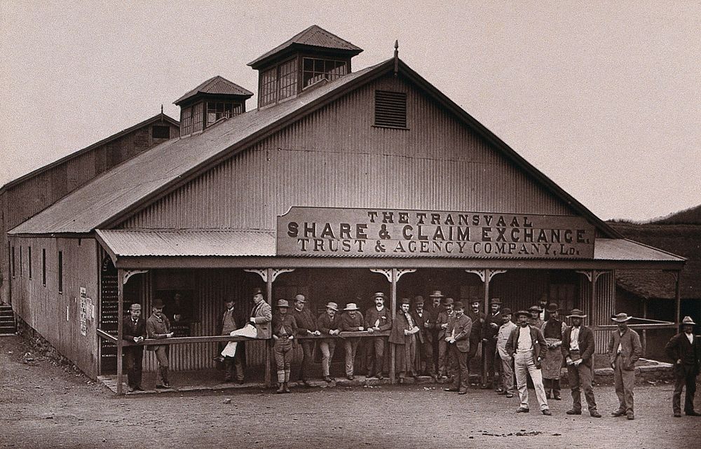 Barberton, South Africa: the Transvaal Share and Claim Exchange. Woodburytype, 1888, after a photograph by Robert Harris.