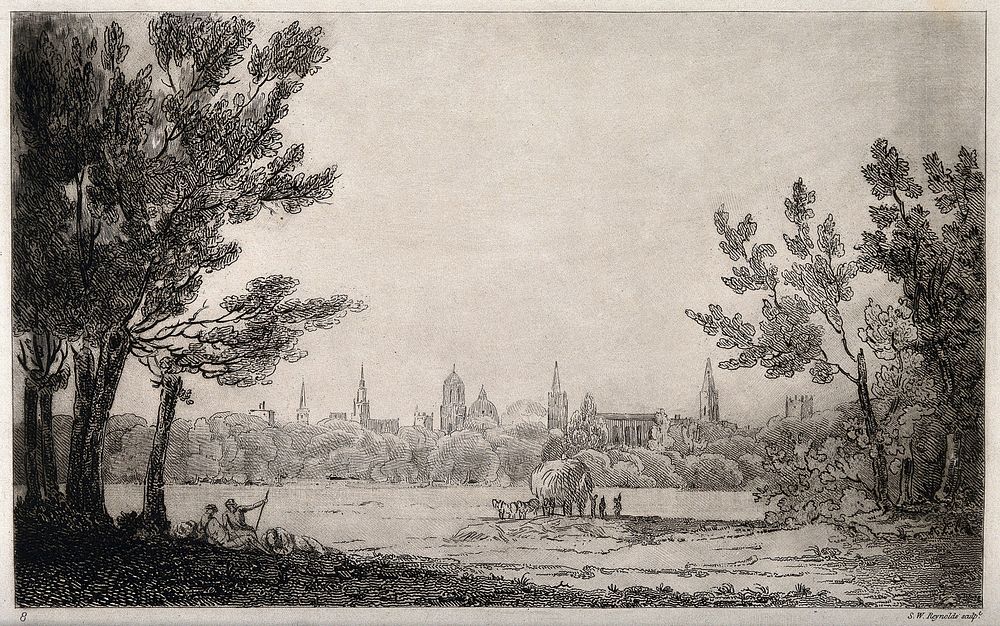 City of Oxford: distant view from the meadows. Etching by S.W. Reynolds.