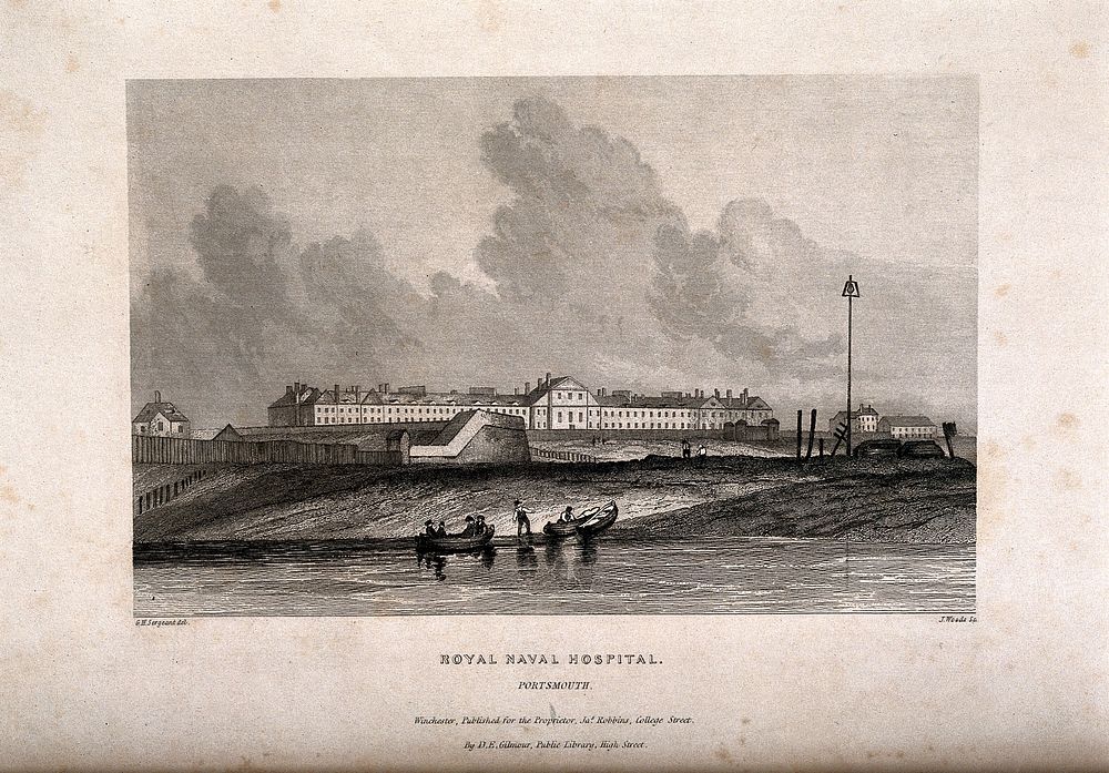 Royal Naval Hospital, Portsmouth: as seen from the sea. Etching by J. Woods after G.H. Sergeant.