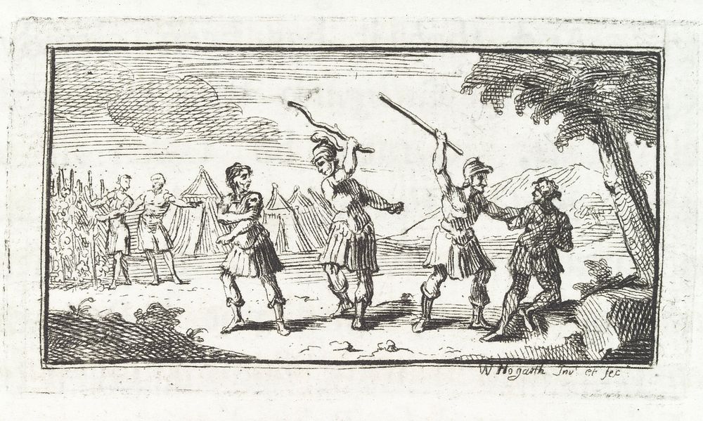 Example of two types of beating in Roman military punishment showing a beating either by sticks or rods