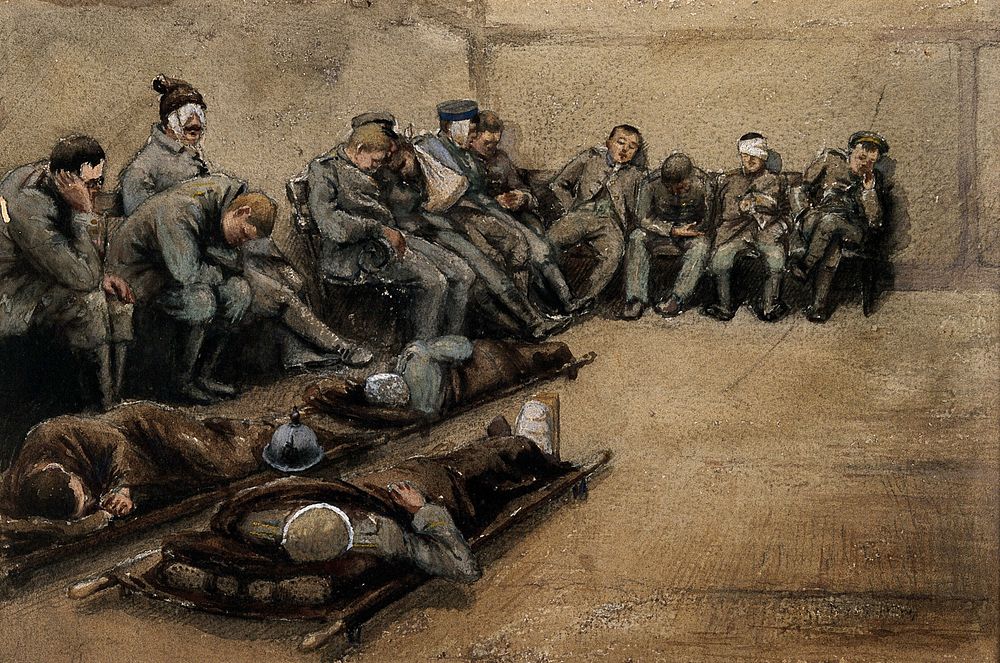 Russo-Japanese War: wounded soldiers slouched on benches and on stretchers on a stone floor. Watercolour.
