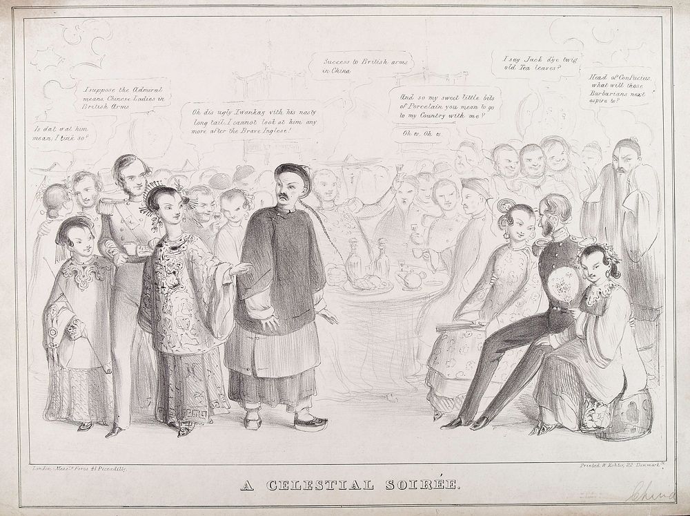 Chinese men and women join British army staff in an evening feast. Lithograph, ca. 1840/1850.