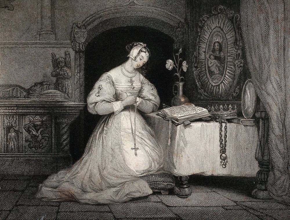 The Lady Blanche at prayer in Bolton Abbey. Engraving by C. Heath after G. Cattermole.