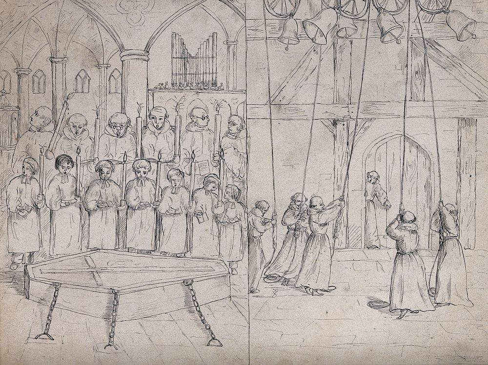 Left, a choir singing mass for a deceased placed before them in a coffin; right, monks ringing bells in a belfry. Pen and…