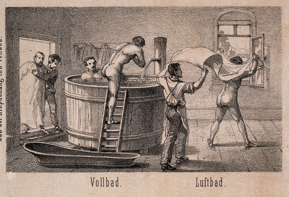 Hydrotherapy: eight vignettes of different cures at Gräfenberg, Germany. Lithograph, ca. 1860.