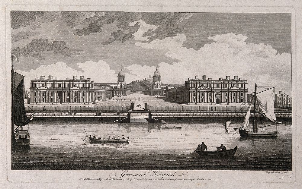 Royal Naval Hospital, Greenwich, with ships and rowing boats in the foreground, small houses either side. Engraving by J.…