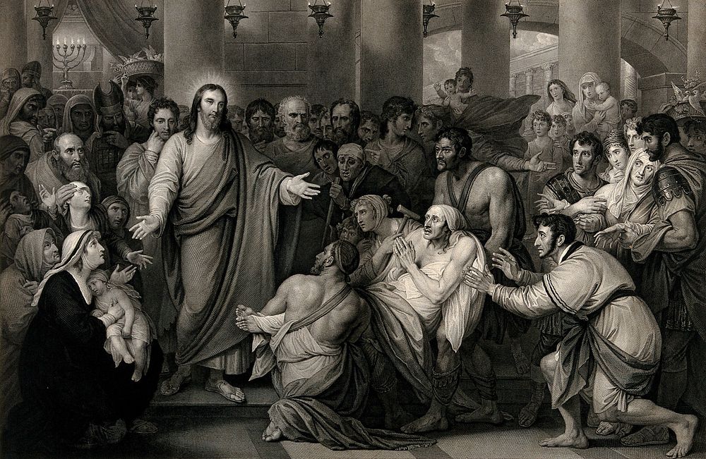 Christ healing sick people in the temple. Engraving by C. Heath, 1822, after B. West.