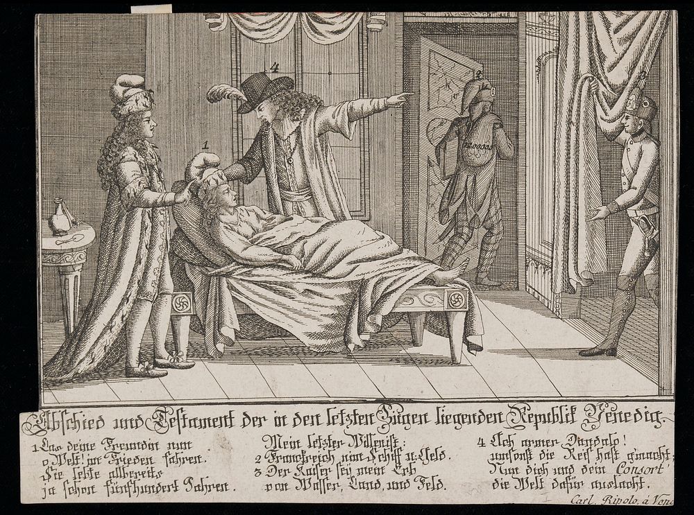 A patient on his deathbed, representing the death of the Venetian Republic. Etching, ca. 1797.