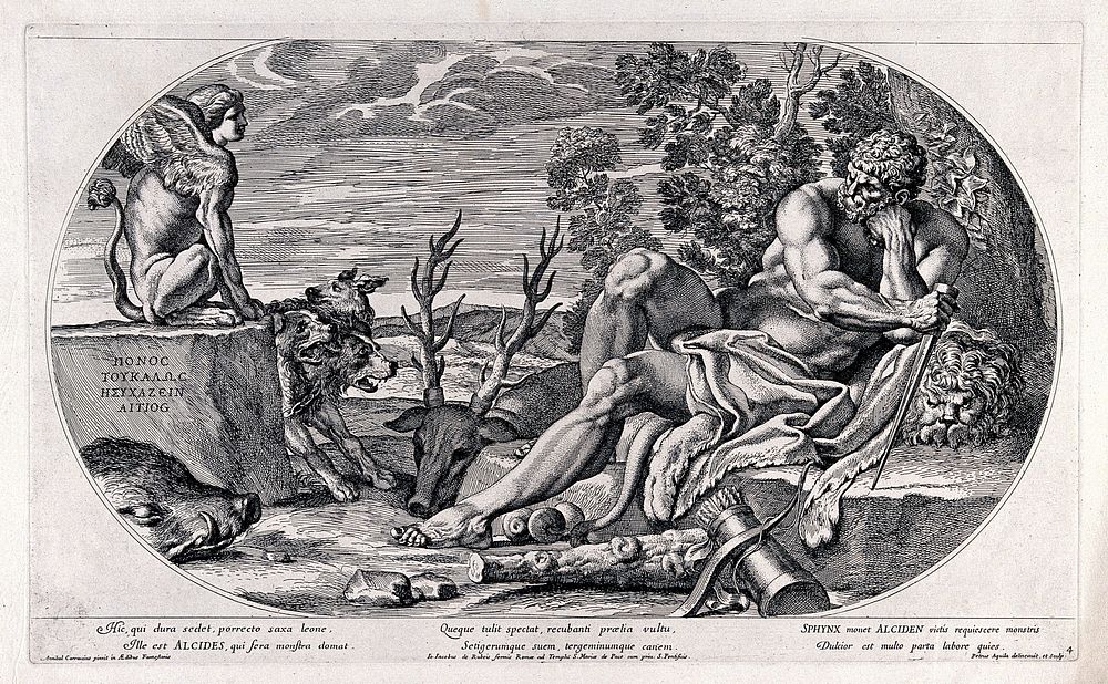 Hercules resting from his labours. Etching by P. Aquila after Annibale Carracci.