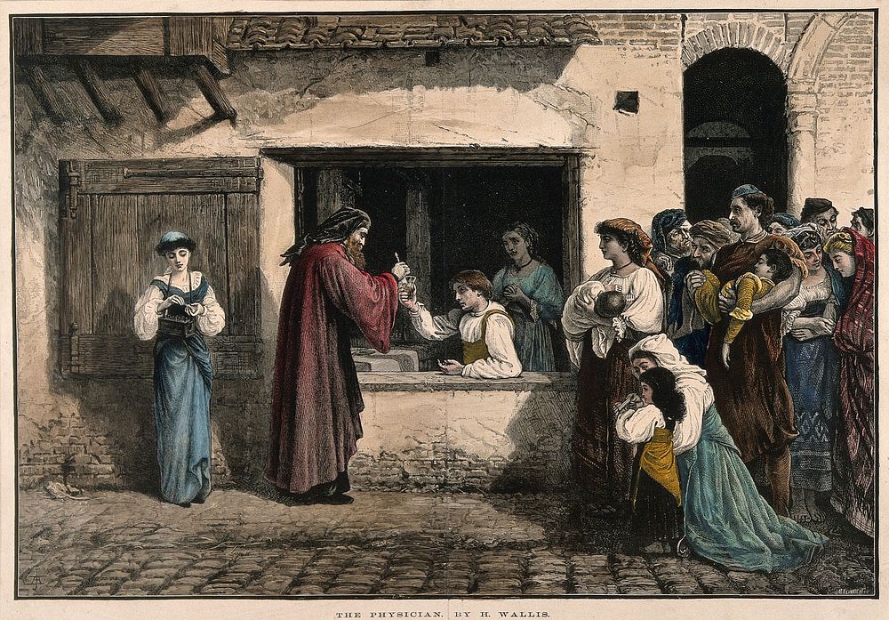 A physician dispensing medicine through a window, a large group of patients are waiting their turn, a female assistant has a…