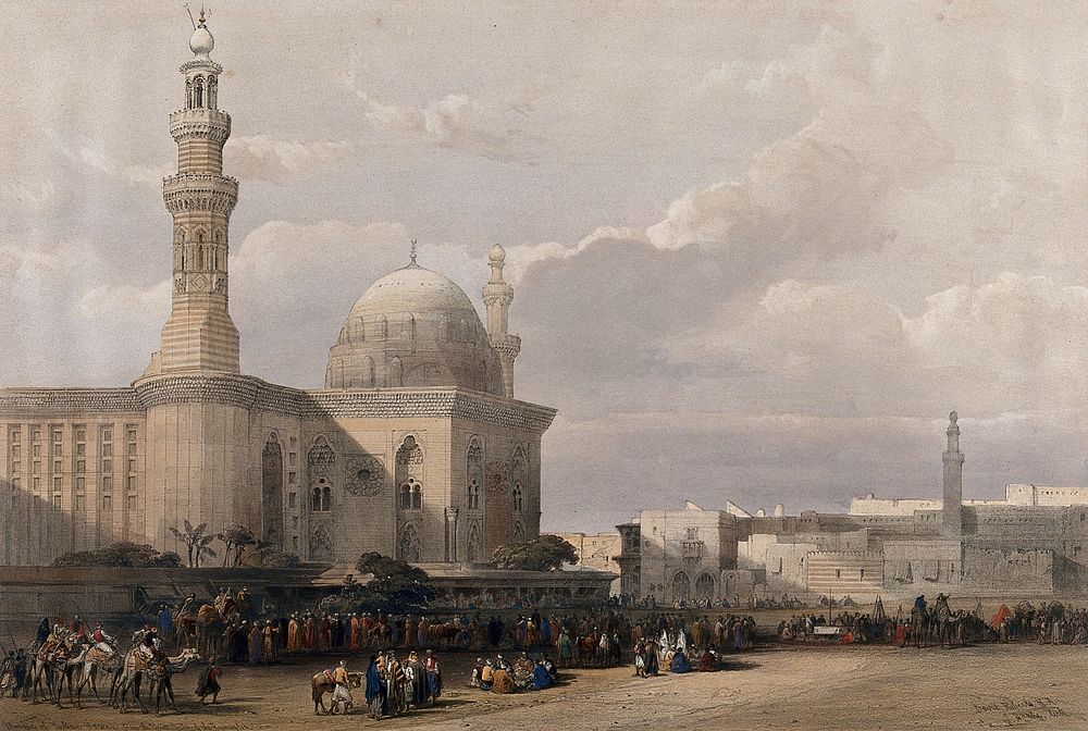 Crowds outside the mosque of Sultan Hassan, Egypt. Coloured lithograph by Louis Haghe after David Roberts, 1849.