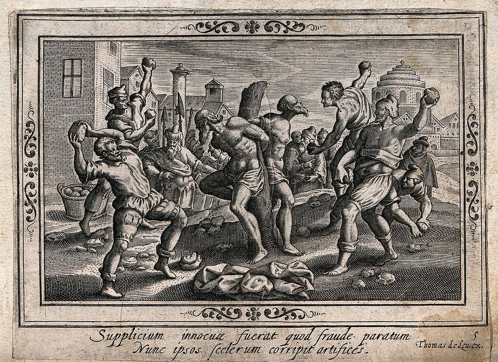 The stoning to death of the two elders who had falsely accused Susanna. Engraving.