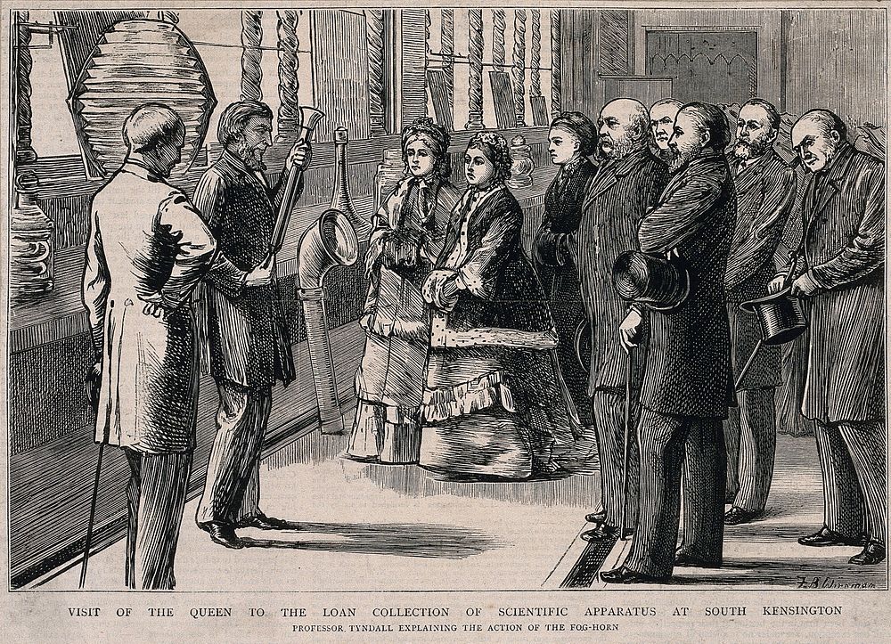 John Tyndall demonstrating a fog-horn to Queen Victoria and her entourage. Wood engraving by T. B. Wirgman, c.1876.