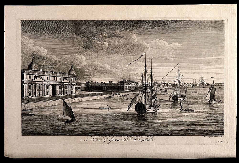 Royal Naval Hospital, Greenwich, seen from down river, with ships and rowing boats in the right foreground, houses in the…