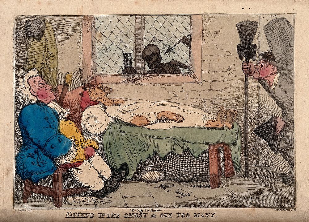 A physician by his patient's death-bed; represented with a skeletal death figure at the window and an undertaker's assistant…