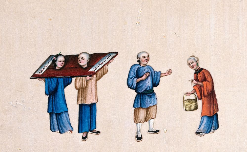 A Chinese man and woman shown with their necks enclosed in stocks known as the 'cangue'. Gouache painting on rice-paper…