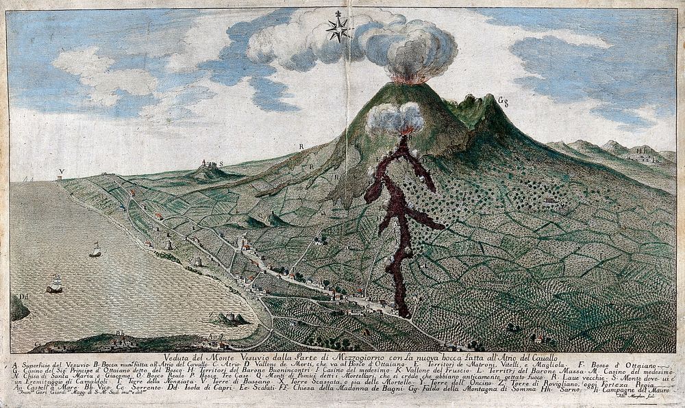 Mount Vesuvius erupting: view from the south, with surrounding countryside and coastline. Coloured etching by F. Morghen…