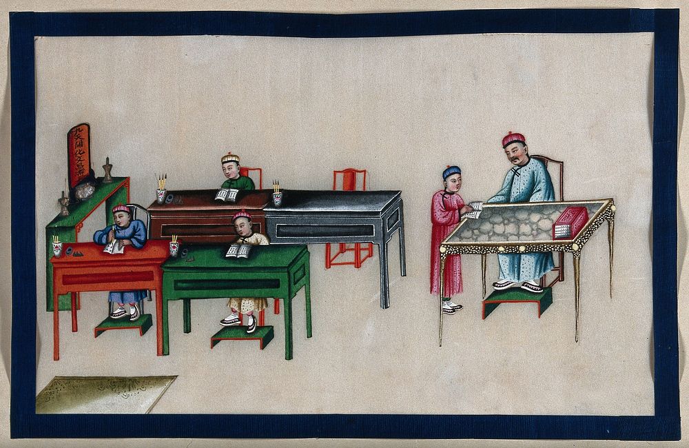 A Chinese class room for infants. Painting by a Chinese artist, ca. 1850.
