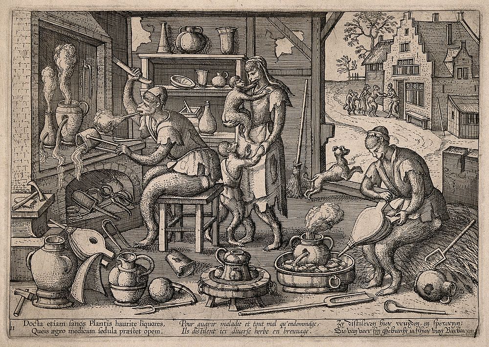An alchemist's laboratory inhabited by monkeys: to the right they are shown calling at the poorhouse, destitute after their…