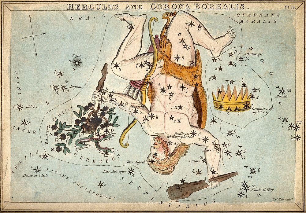 Astrology: constellations, Hercules. Coloured engraving by S. Hall, 1825.