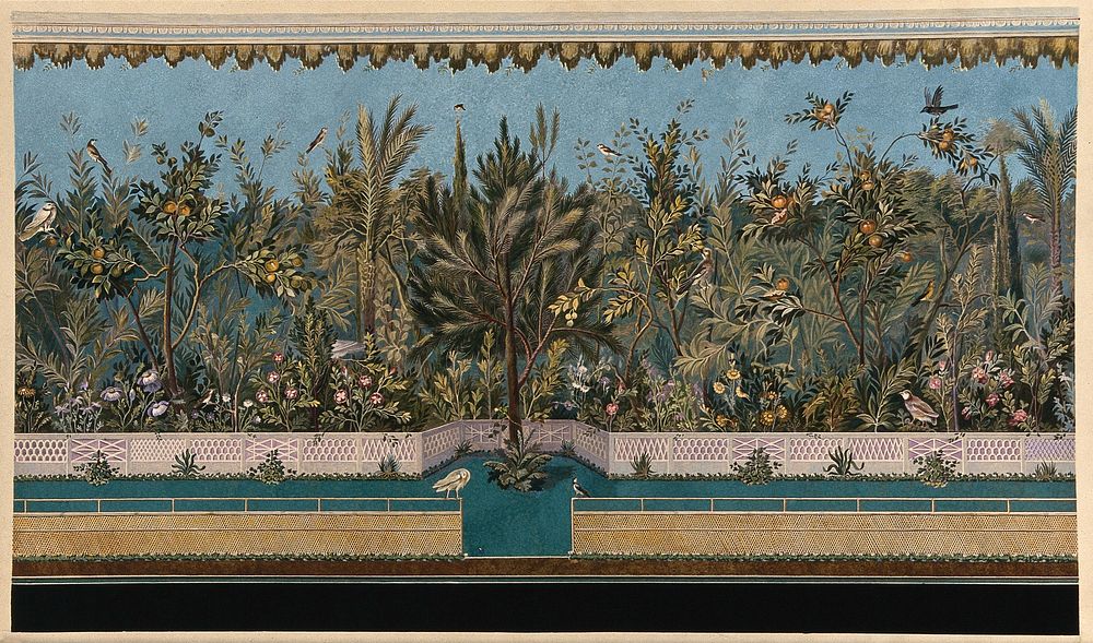 A border of trees, palms and herbaceous plants from a Roman garden in the 1st century A.D. Coloured photograph.