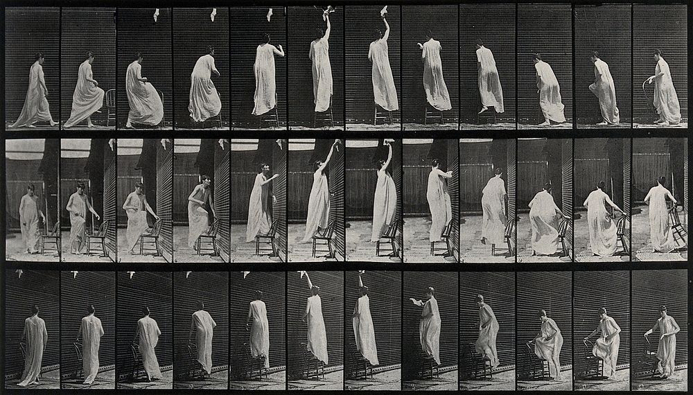 A woman standing on a chair and wiping the top of a screen. Collotype after Eadweard Muybridge, 1887.