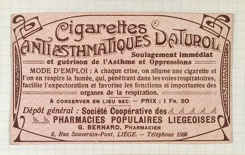 Cigarettes Antiasthmatiques Daturol: product label. Colour lithograph.