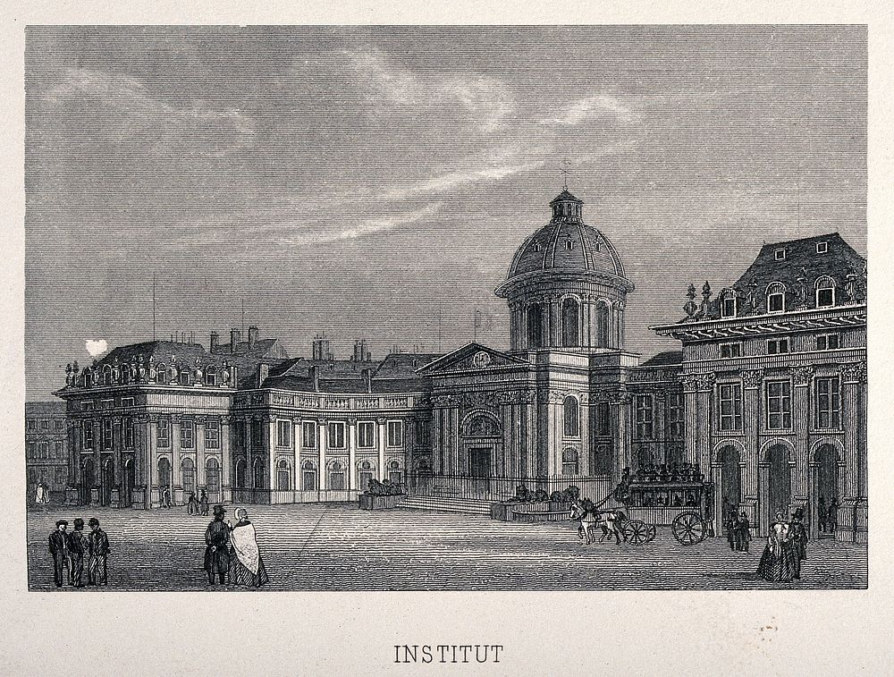 Collège des Quatre Nations, Paris: side view of part of the Institut de France. Engraving.
