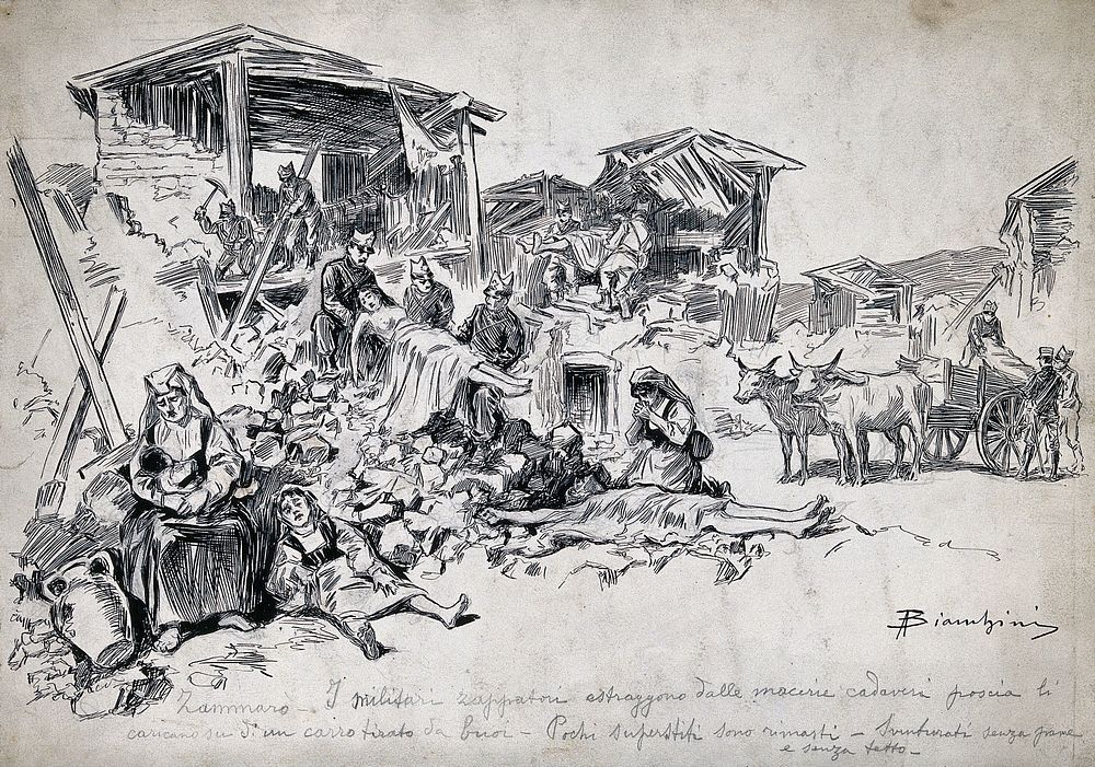 Zammarò, Calabria: sappers removing bodies from dwellings destroyed in an earthquake. Drawing by A. Bianchini, 1905.