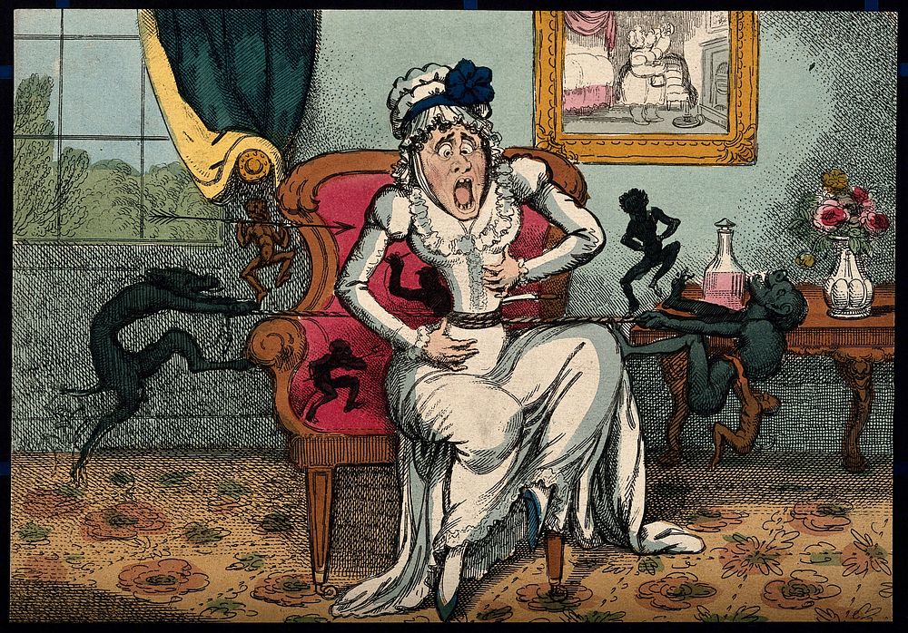 A woman suffering the pain of cholic ; illustrated by demons tugging on a rope wound around her stomach. Coloured etching…