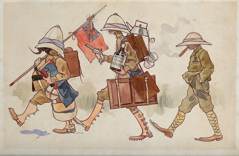 Three members of the Roman Campagne Malaria Commission carrying their gear. Coloured pen drawing by A. Terzi, ca 1900.