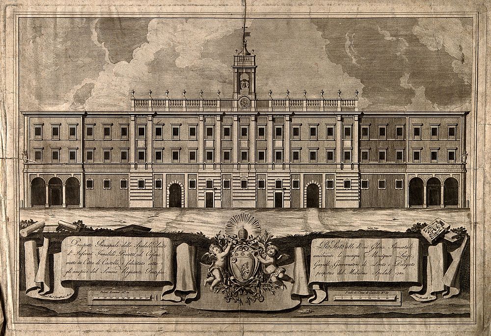 General Hospital, Citta di Castello, Italy. Etching by P. Bombelli, 1785, after F.M. Ciaraffoni.
