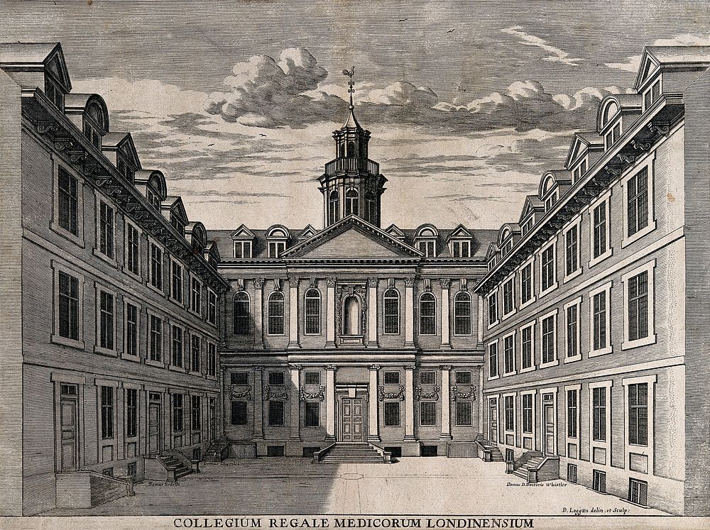 Royal College of Physicians: the courtyard, with lettering identifying the various doors. Engraving by D. Loggan after…