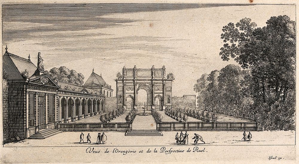 The orangerie at Ruel. Etching.