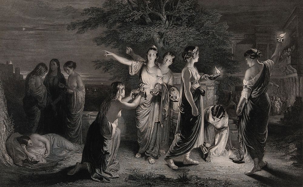 The wise and foolish virgins. Engraving by L. Stocks, 1846, after J.E. Lauder.