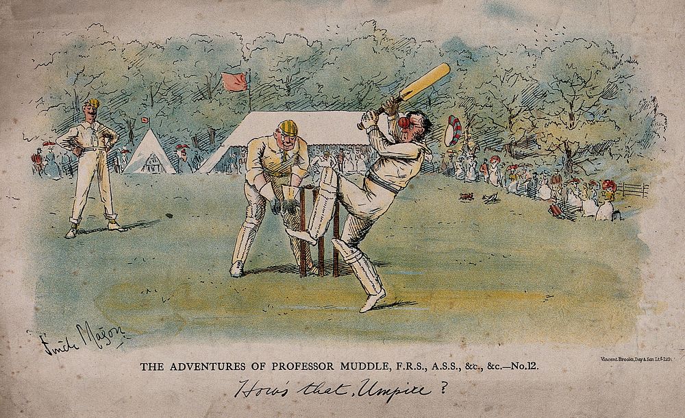 A cricket ball has hit a batsman in the face as he plays a game on the cricket field. Colour lithograph after G. Finch…