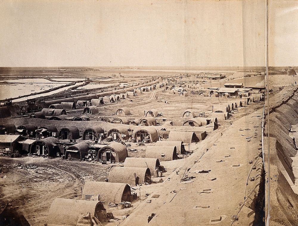 Taku, China: South Taku Fort encampment during the Second China War. Photograph by Felice Beato, 1859.