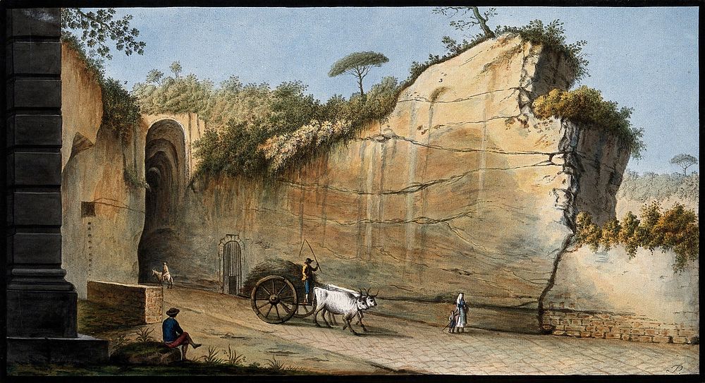 Entrance of the grotto at Posillipo, called Piedigrotta, reputed to be Virgil's tomb. Coloured etching by Pietro Fabris…