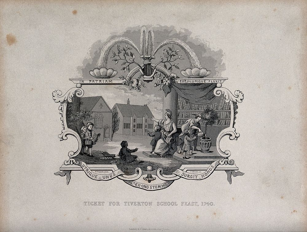 Ticket for the Tiverton School Feast of 1726. Steel engraving by J. Moore after W. Hogarth.
