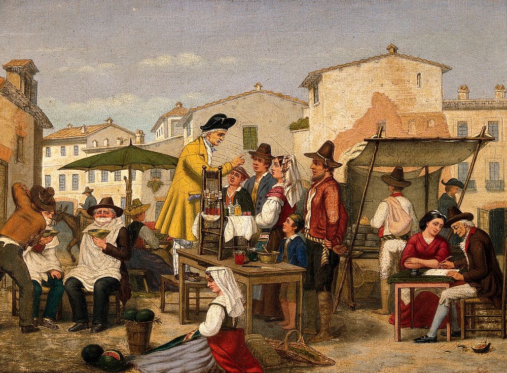 Street traders in a market square. Oil painting by G.S. .