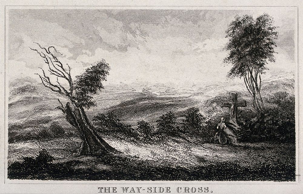A landscape with a woman in adoration before a cross. Engraving.