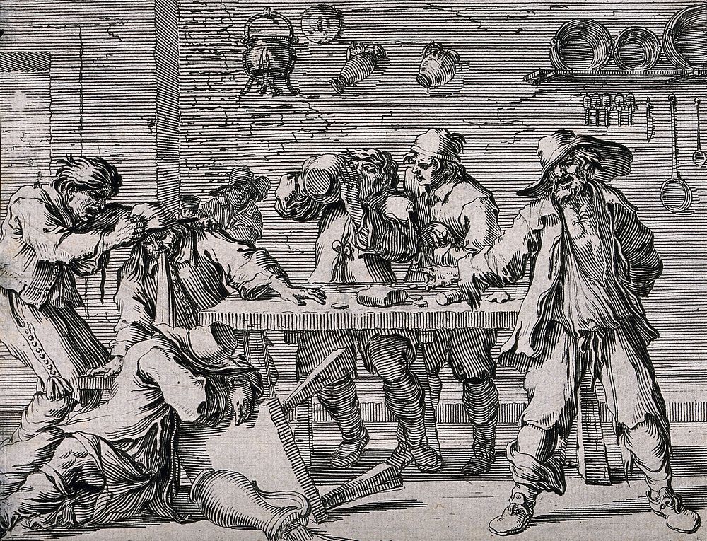 Men drinking, vomiting and collapsing around a tavern table. Etching by J. Le Poutre, 17th century, after himself.