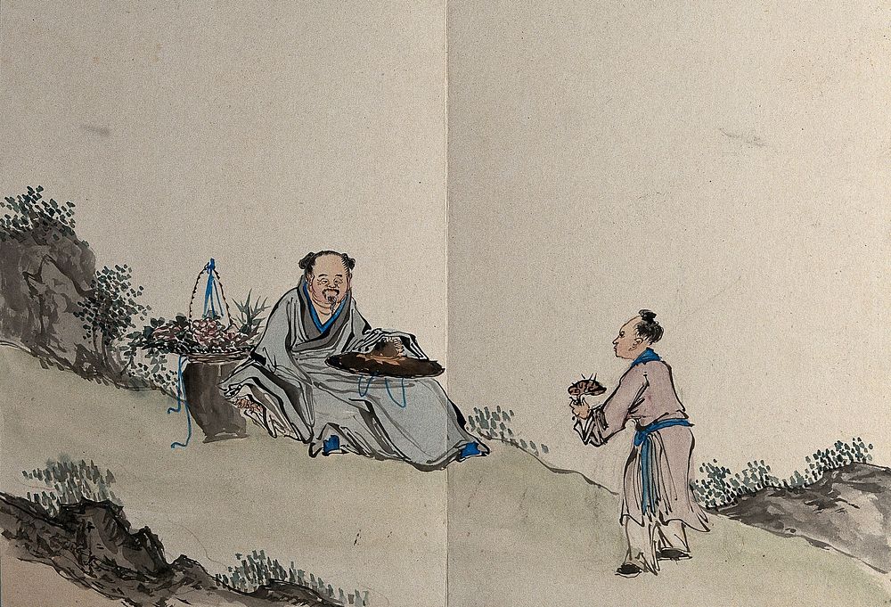 A standing figure offers a seated figure some food. Gouache by a Chinese artist, ca. 1850.