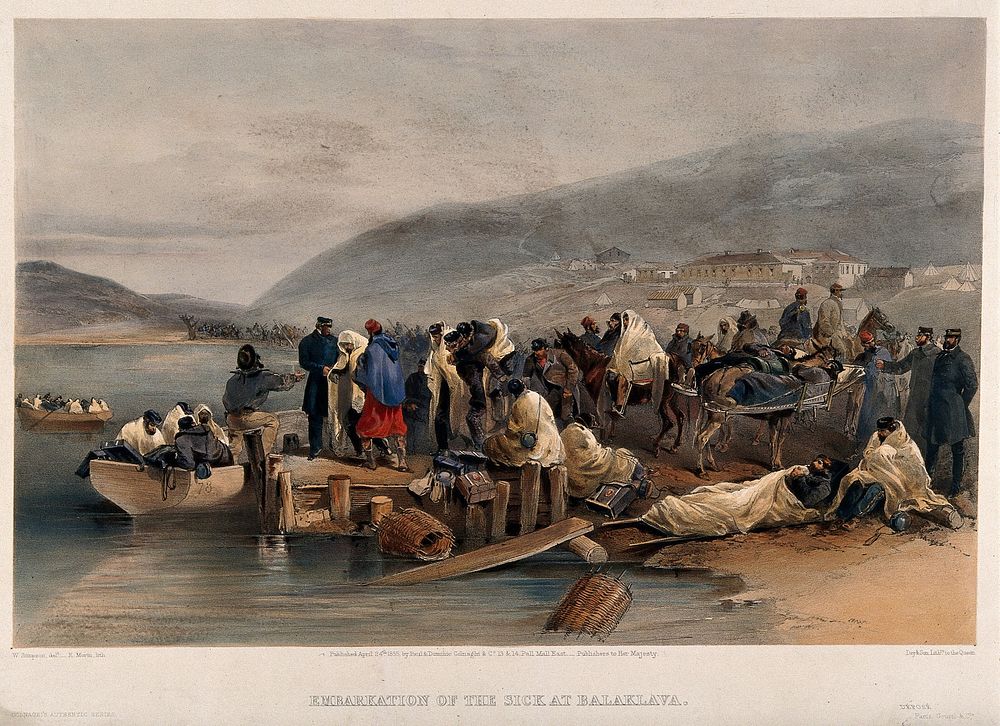 Crimean War, Balaklava: embarkation of the sick. Coloured lithograph by E. Morin, 1855, after W. Simpson.