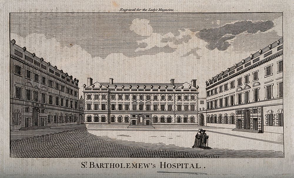 St Bartholomew's Hospital, London: the courtyard with two figures on the right. Engraving.