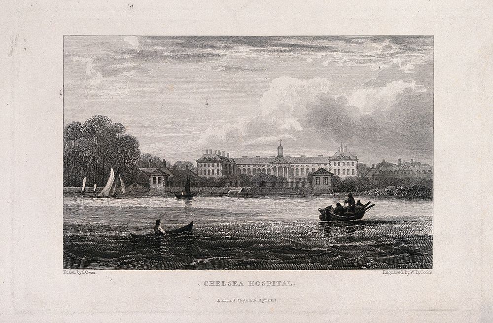 The Royal Hospital, Chelsea: viewed from the Surrey bank with boats on the river. Etching by W.B. Cooke after S. Owen, 1809.